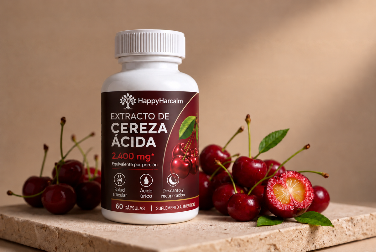 Frasco de extracto de cereza ácida HappyHarcalm rodeado de cerezas